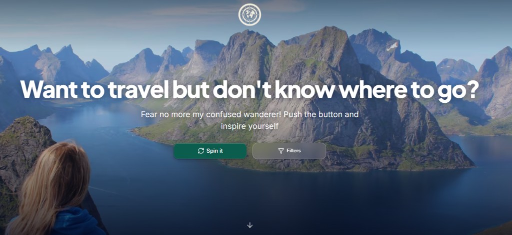Earth Roulette landing page with Spin it and Filters buttons