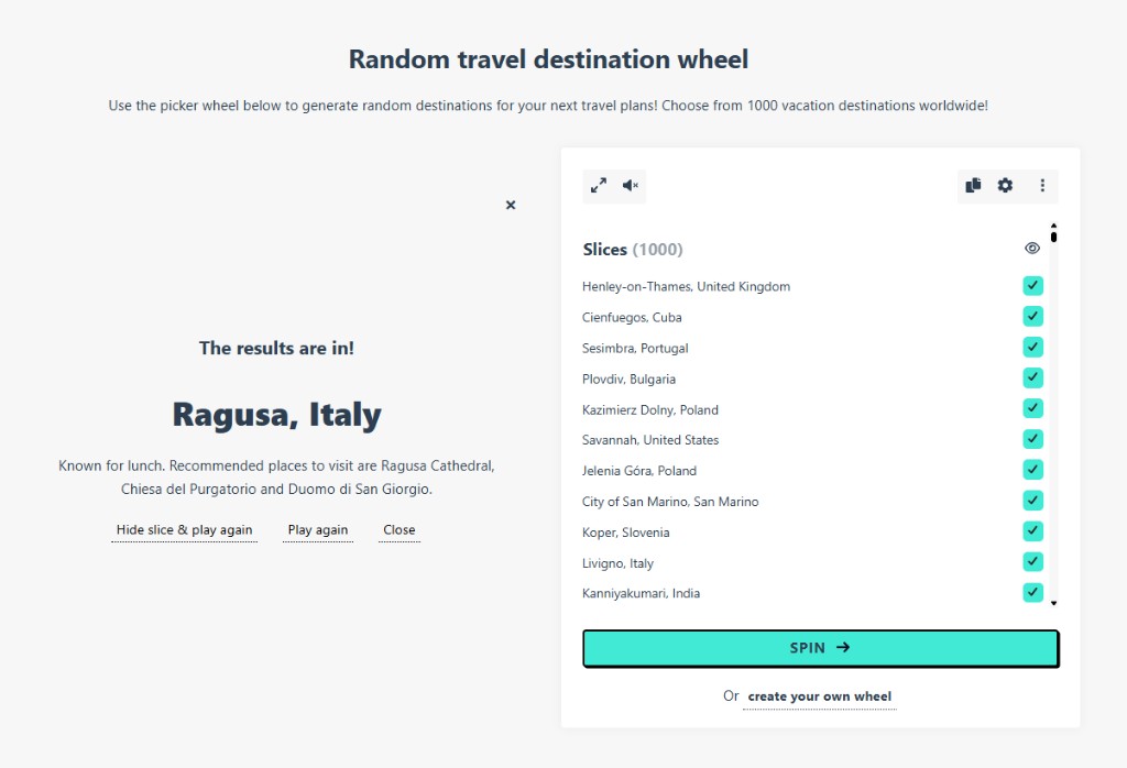 Random Spin Wheel result showing Ragusa, Italy