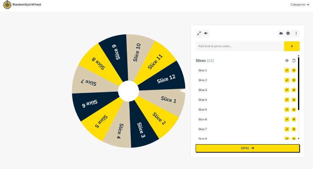 Random Spin Wheel customizable wheel interface