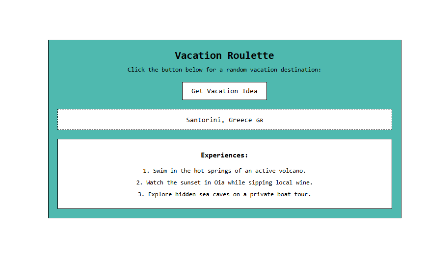 Vacation Roulette result showing Santorini, Greece with experiences