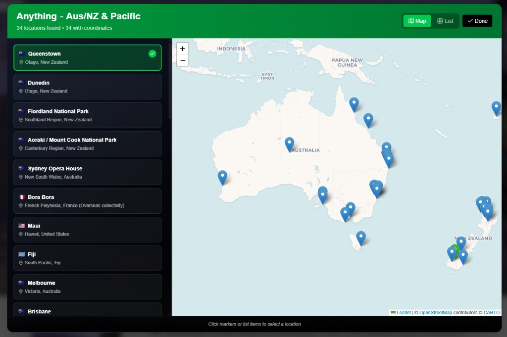 Map View showing places in Australia, New Zealand, and the Pacific