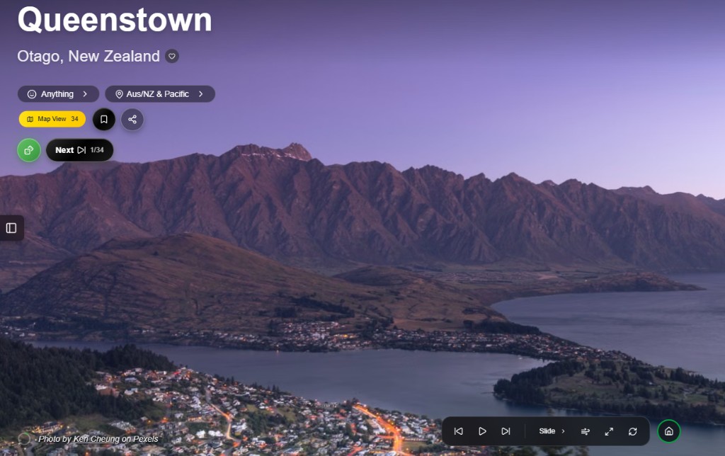 Queenstown photos with the player at the bottom of the screen