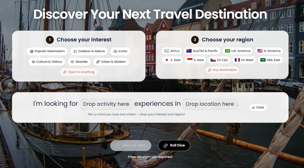 Travel Roulette: choose an interest, choose a region, then roll the dice